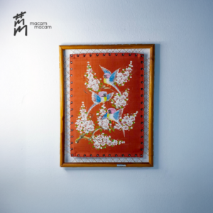 Original art on silk painting – Floral & Birds with Bamboo Frame